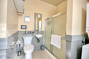 Hair dryer, towels, soap, toilet paper