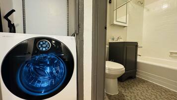 Hair dryer, towels, soap, shampoo