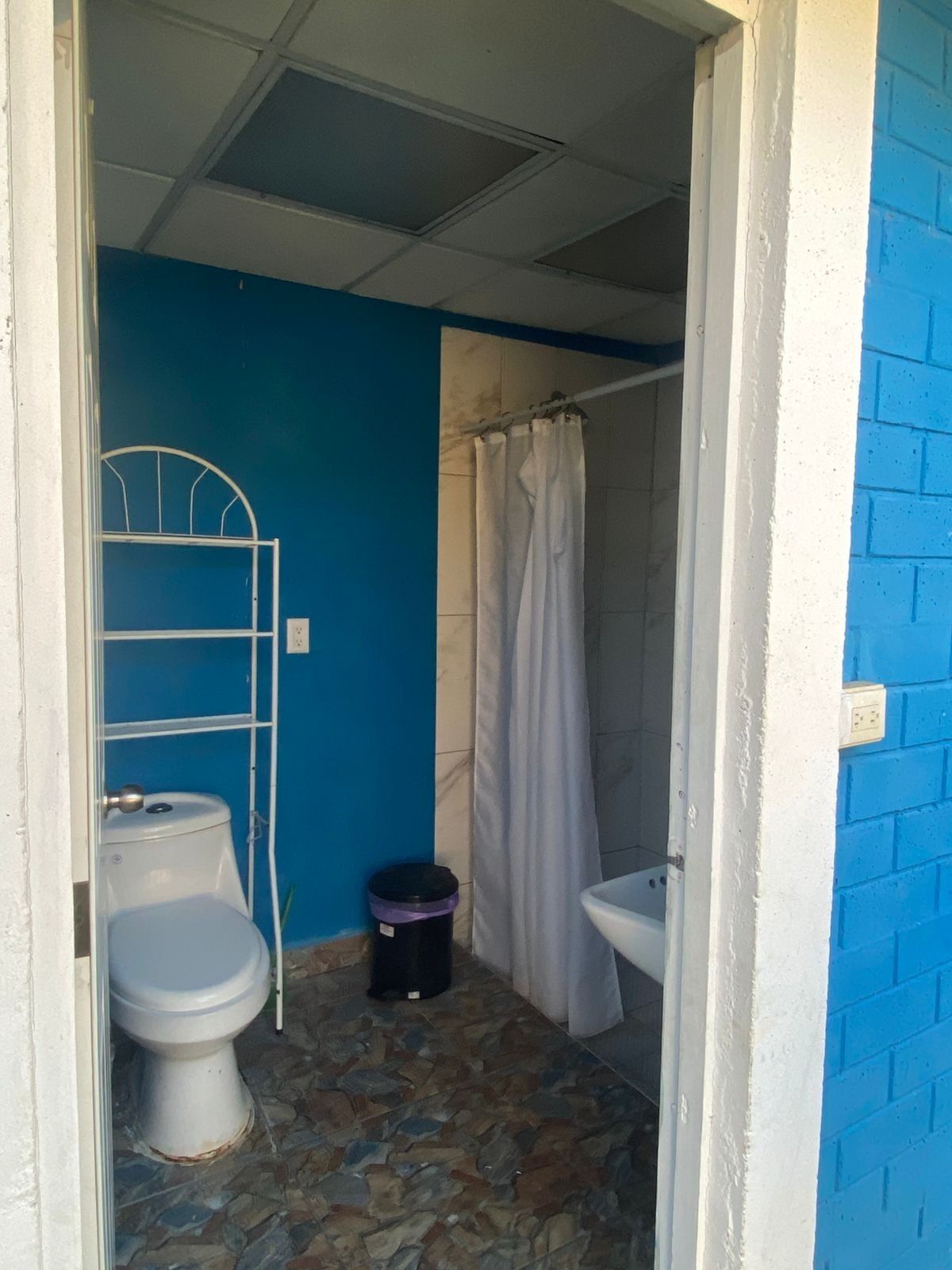 Een kleine badkamer met toilet, een metalen plank, een douchegordijn en een wastafel.