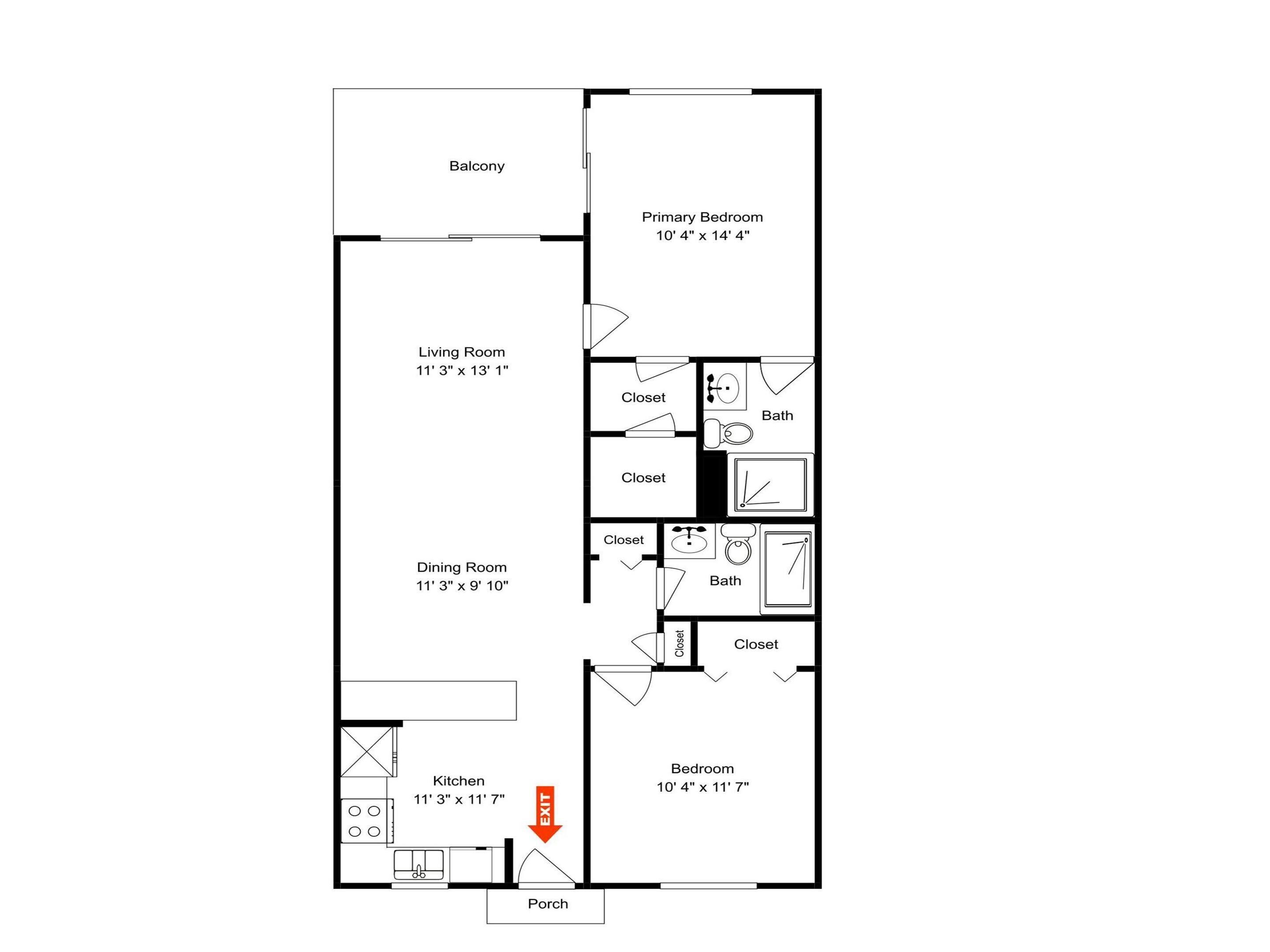 A floor plan of a hotel room layout including a balcony, primary bedroom, living room, dining room, kitchen, and bedroom.