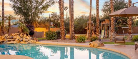 Outdoor pool, pool umbrellas, pool loungers
