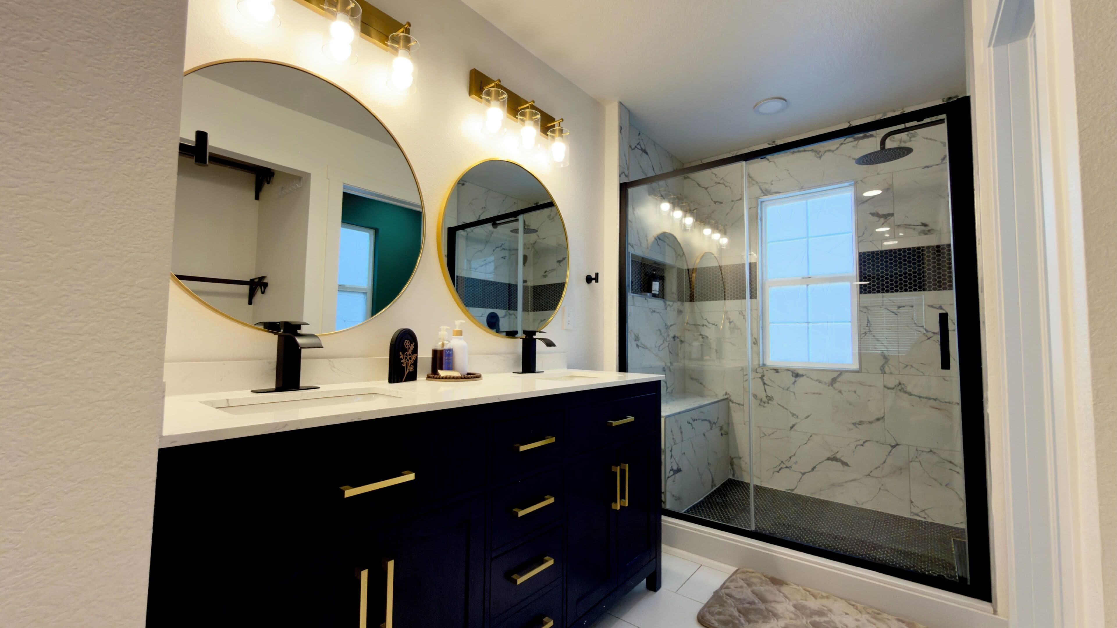 Shower, hair dryer, towels, toilet paper