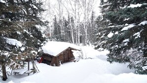 Eine Holzhütte, umgeben von schneebedeckten Bäumen.