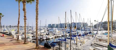 A marina with numerous boats docked, palm trees, and a clear sky.