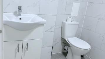 Shower, towels, soap, toilet paper