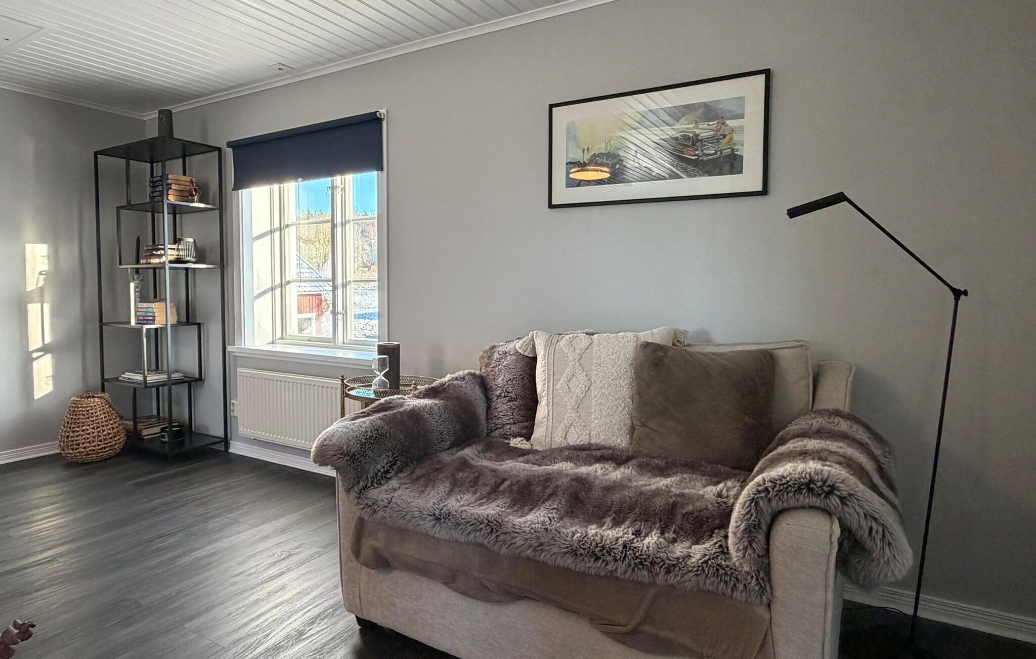 Ein gemütliches Wohnzimmer mit einem fellbezogenen Sofa, einem Bücherregal und einem Fenster mit Blick.
