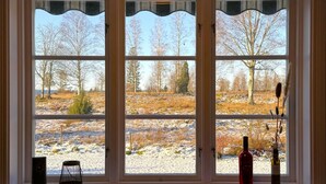 Une fenêtre donnant sur un paysage enneigé et des arbres.