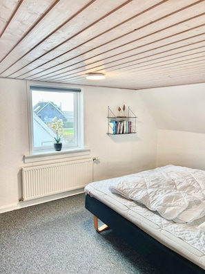 A bedroom with a window, radiator, bookshelf, and a bed.