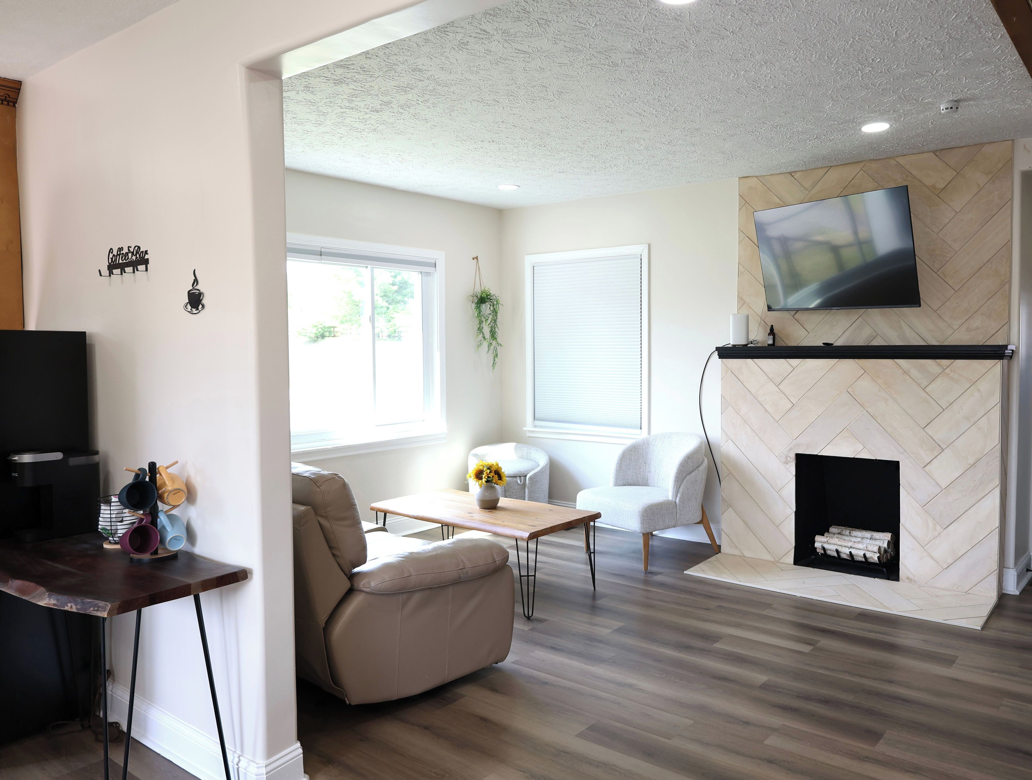 Smart TV, fireplace, books