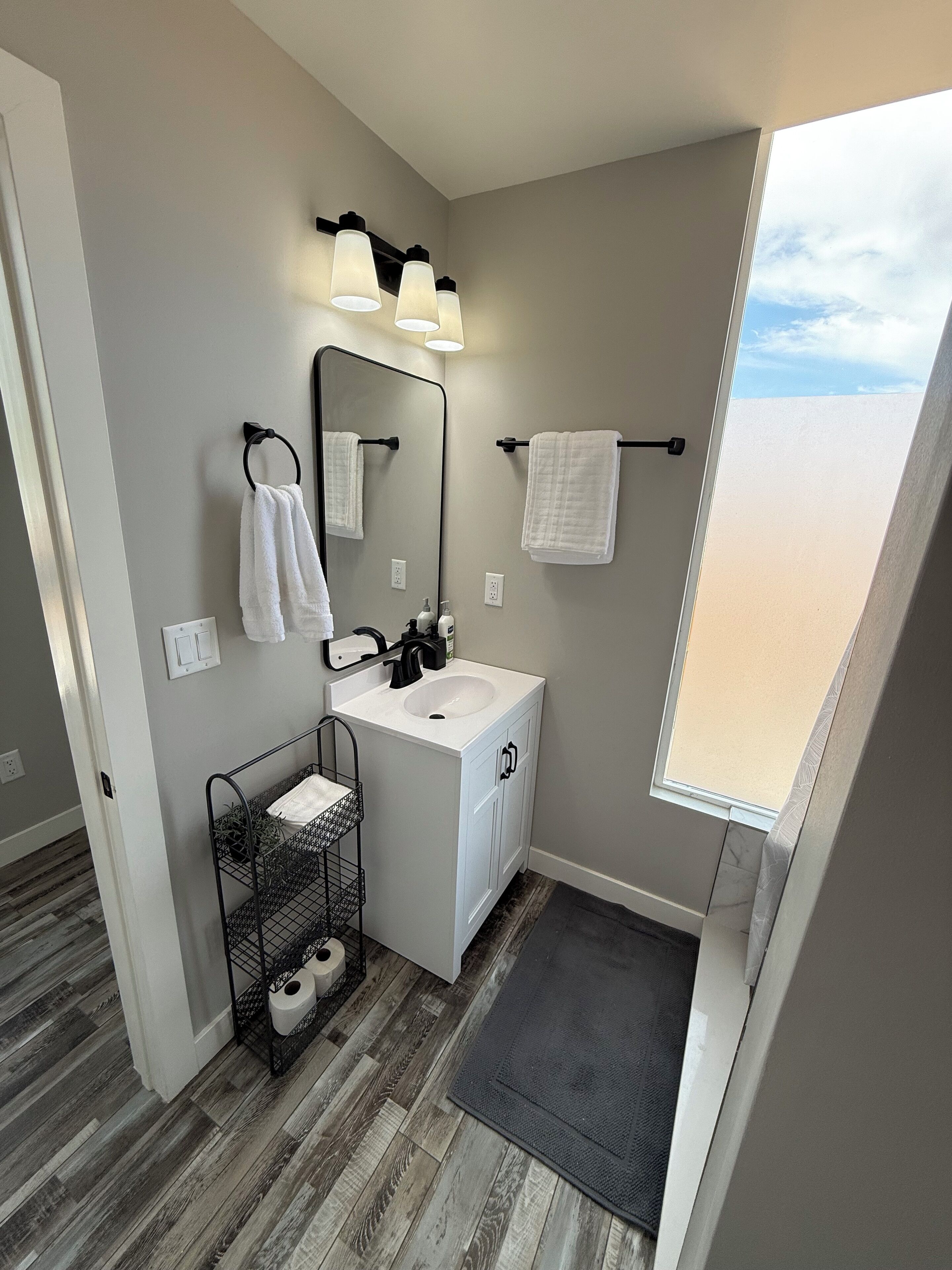 Hair dryer, towels, soap, toilet paper