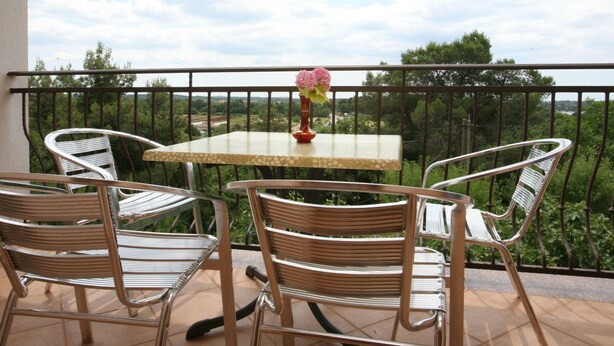 A balcony with a table and chairs, a vase with flowers, and a scenic view of trees and hills. - 1573593 by Interhome (Poreč)