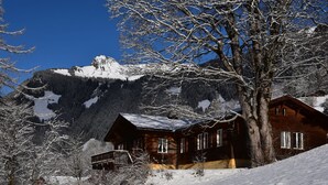 A wooden cabin with a balcony, surrounded by snow-covered trees and mountains.