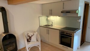 A compact kitchen with a built-in stove, a sink, and a chair with a deer pillow. - Chalet Fluehbluemli / Eigerview by Interhome (Grindelwald)