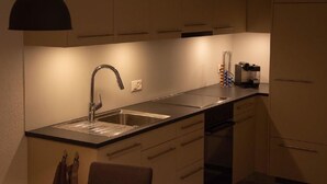 Eine moderne Küche mit Spüle aus Edelstahl, einer schwarzen Pendelleuchte und Holzausbau.