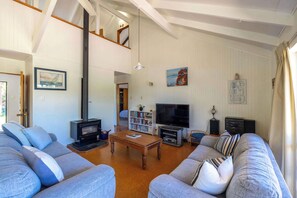 TV, fireplace - Olive Lane – A True Waiheke Bach (Waiheke Island)