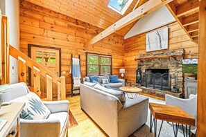 Televisión, chimenea y libros 