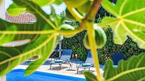 A pool area with lounge chairs and a table, surrounded by greenery. - Villa mit Garten, Grill und Terrasse by Interhome (Medulin)