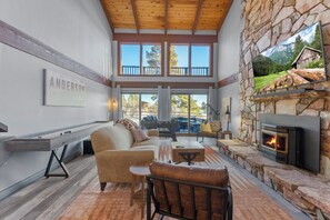 TV connectée, cheminée, livres, écrans d'ordinateur