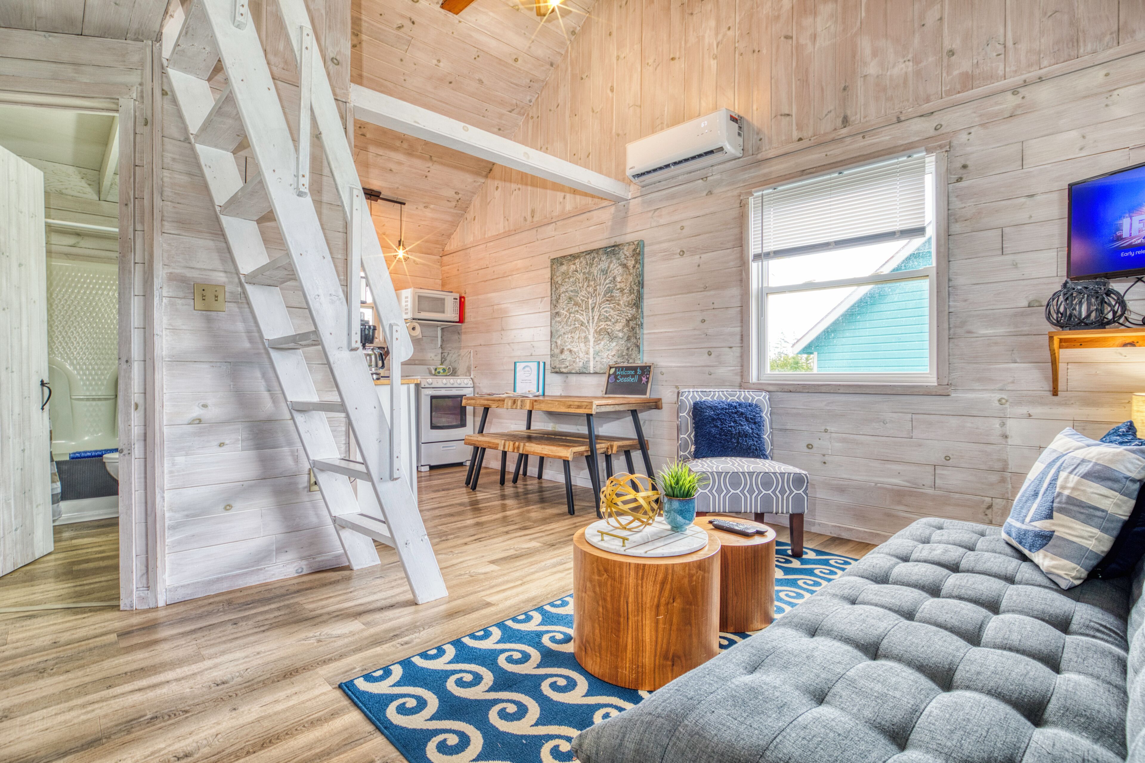 Smart TV, DVD player, foosball, books