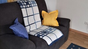 A dark grey sofa with a blue and white checkered throw blanket and a yellow pillow. A blue pillow is also on the sofa. The room has a wooden floor and a blue rug. Yellow curtains are partially visible. - Rotkehlchen by Interhome (Bannesdorf)