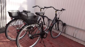 Two bicycles parked against a white wall, one with a basket and the other with a kickstand. - Rotkehlchenweg by Interhome (Bannesdorf)