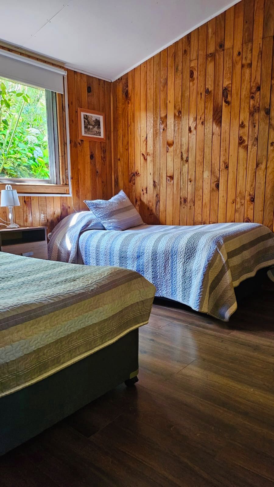 A room with wooden panel walls, a bed with a striped blanket, a bedside table with a lamp, and a window with a view of greenery.