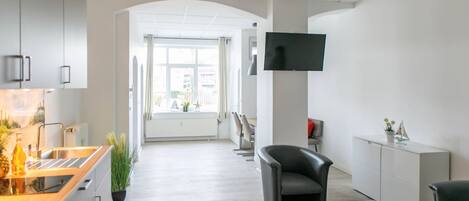 Fridge, microwave, cookware/dishes/utensils