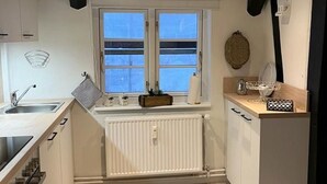 A modern kitchen with white cabinetry, a built-in oven, and a window with a view. - Zeppelinkoje by Interhome (Altstadt)