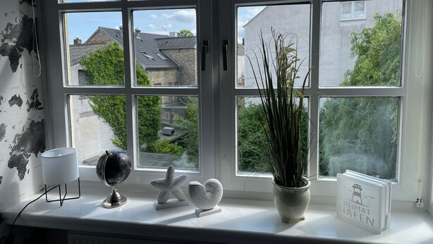 Ein Fenster mit Blick auf Häuser und Grünflächen, ein Globus, ein Seestern, eine Pflanze und ein Schild mit der Aufschrift 'HEIMAT HAFEN'.