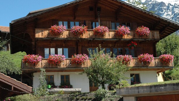Un chalet en bois doté de nombreux balcons ornés de jardinières fleuries, se dressant sur fond de montagnes enneigées.