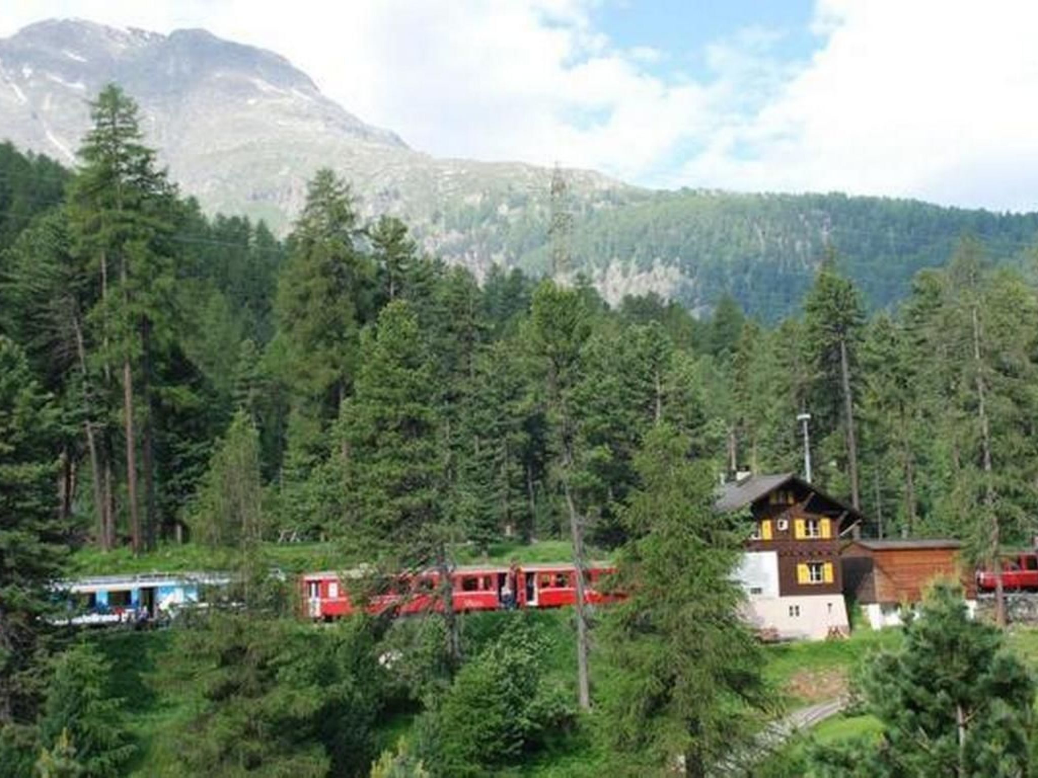 Un rifugio con le montagne sullo sfondo, circondato da una fitta foresta.