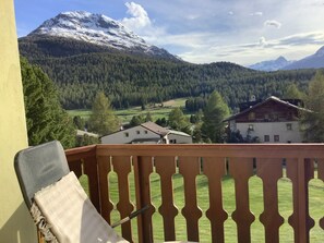 Un balcon avec vue sur une montagne, une forêt et des maisons.