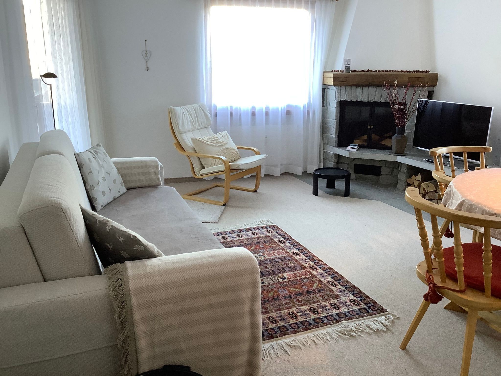 A living room with a sofa, a chair, a TV, a fireplace, and a rug.