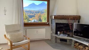 Een gezellige woonkamer met een groot raam met uitzicht op de bergen, een comfortabele fauteuil, een open haard en een televisie.