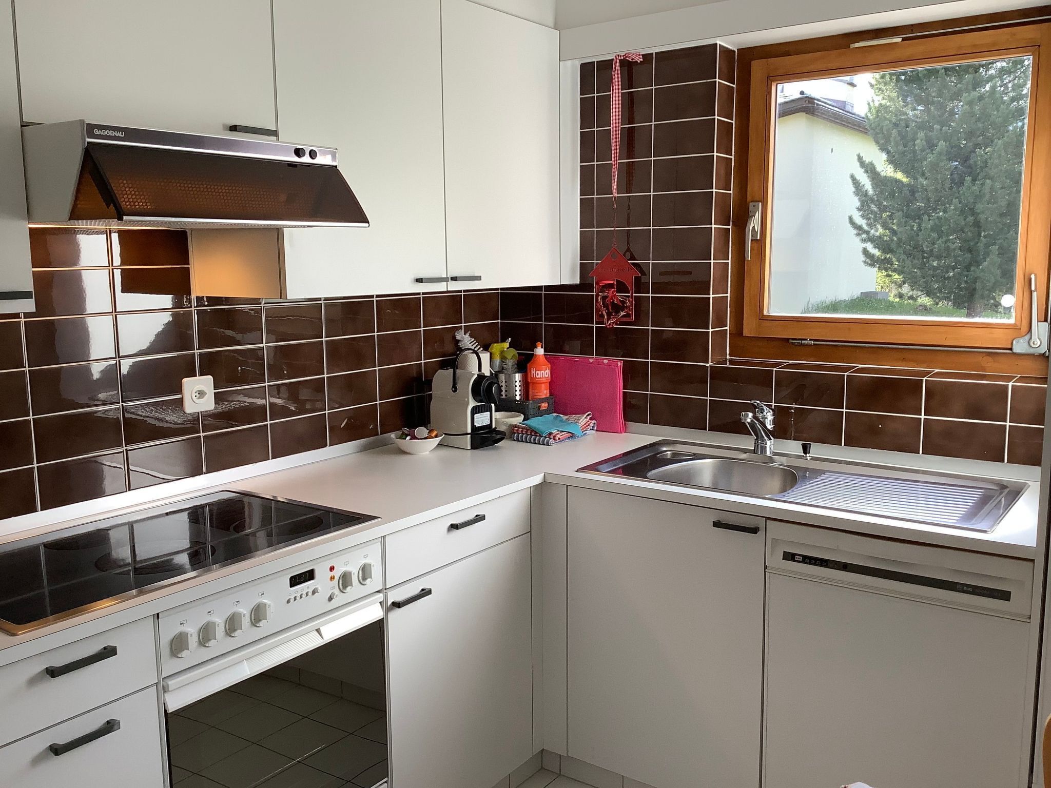 Fridge, oven, dishwasher, cookware/dishes/utensils