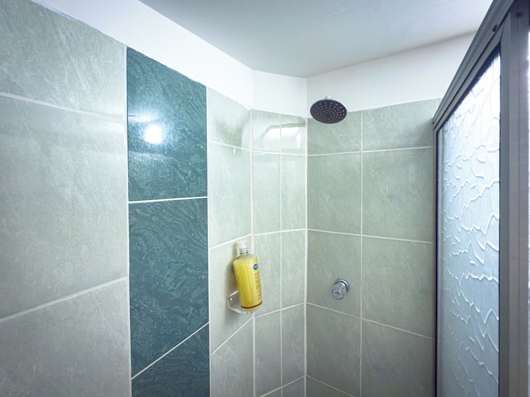 A shower with a handheld showerhead, a soap dispenser, and a tiled wall.