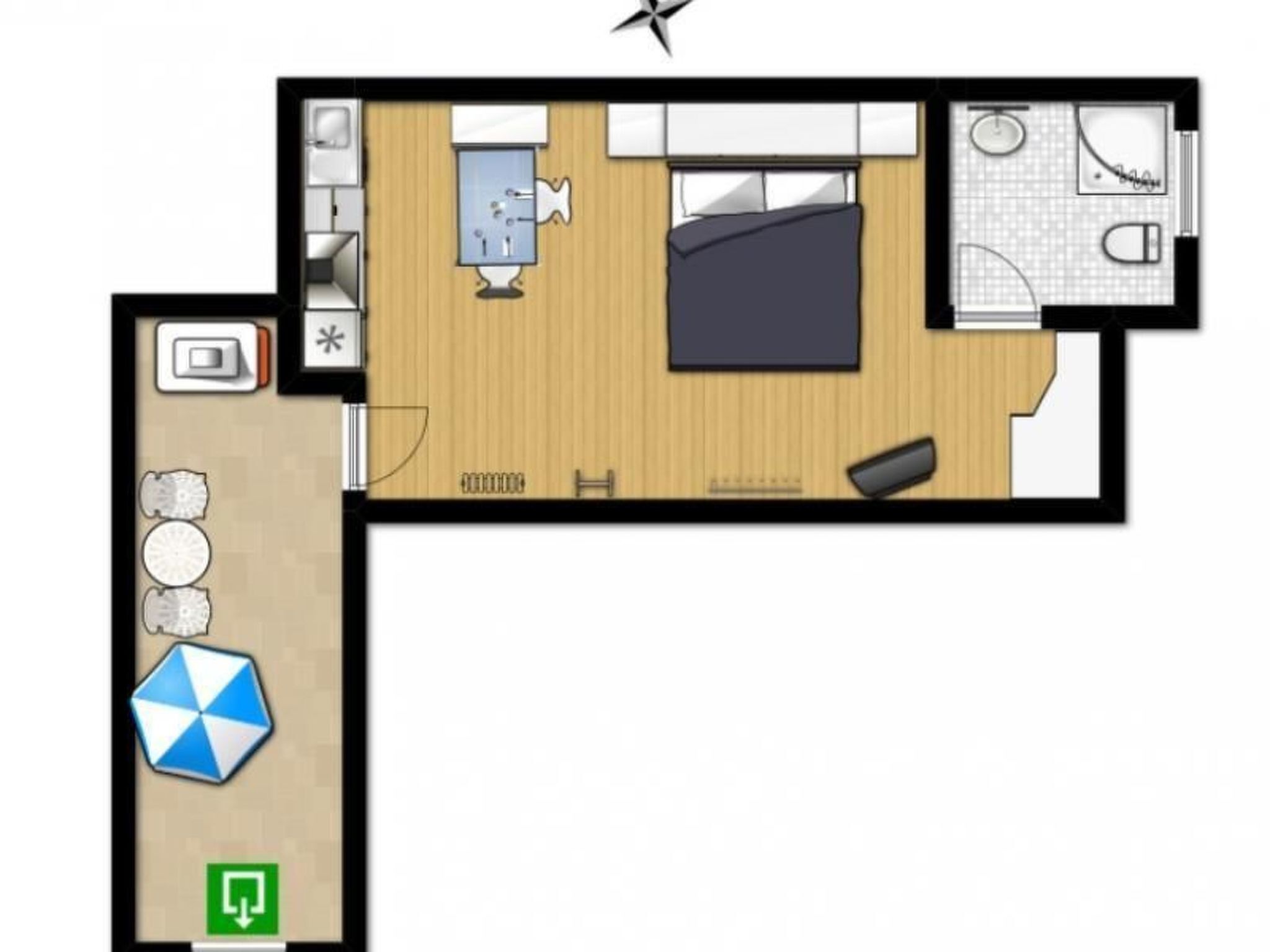 Distribución de una habitación de hotel con cama, baño pequeño, zona de estar con mesa y sillas, y un ventanal grande.