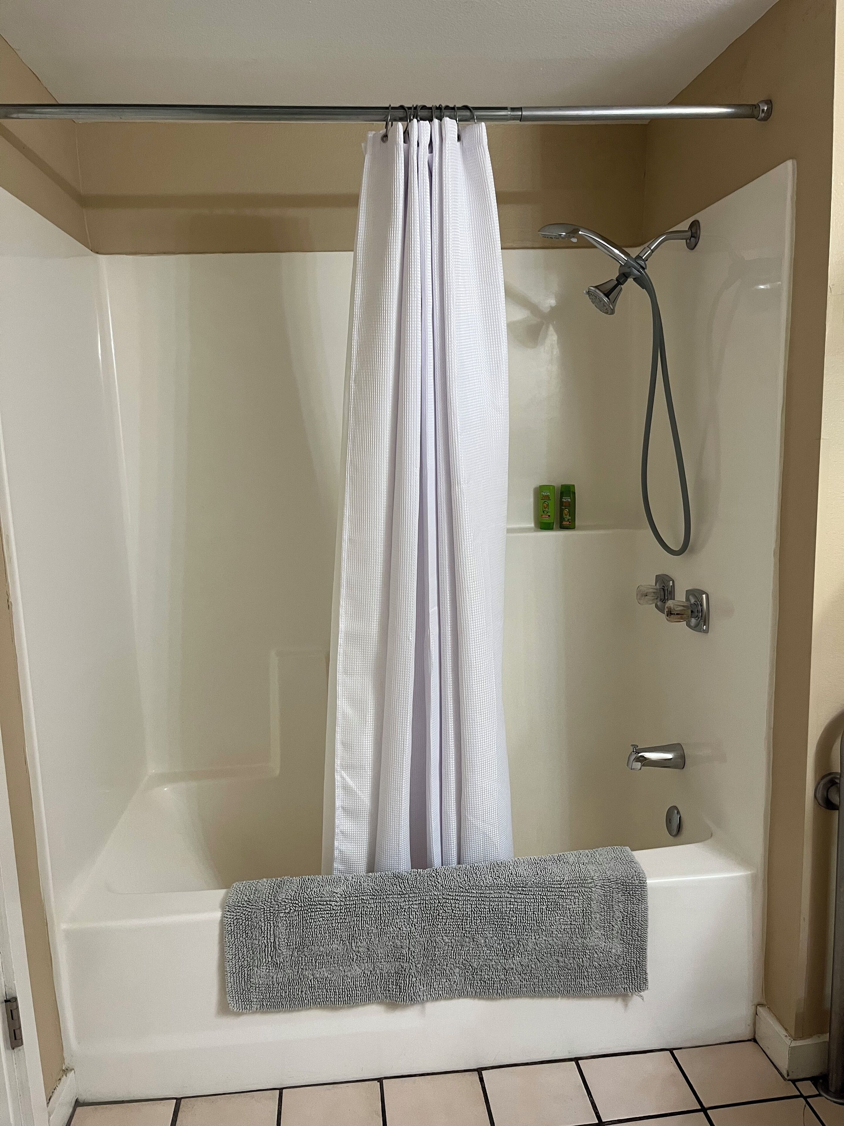 Hair dryer, towels, soap, toilet paper