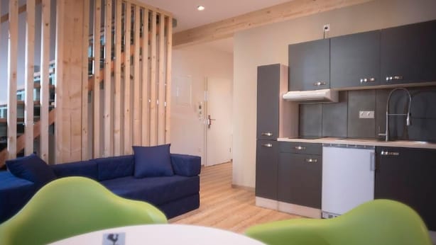 Eine moderne Küche mit dunklen Schränken und einem Geschirrspüler, ein blaues Sofa mit Kissen sowie ein Holztrennwand.