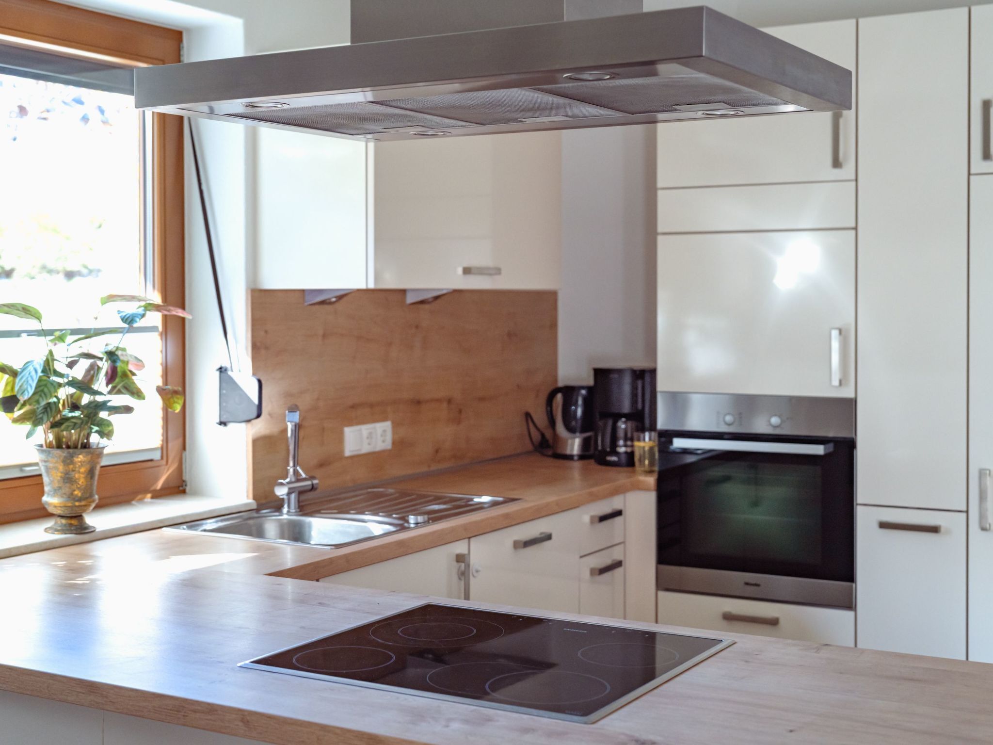 Una cocina moderna con estufa integrada, cafetera y ventana con planta.