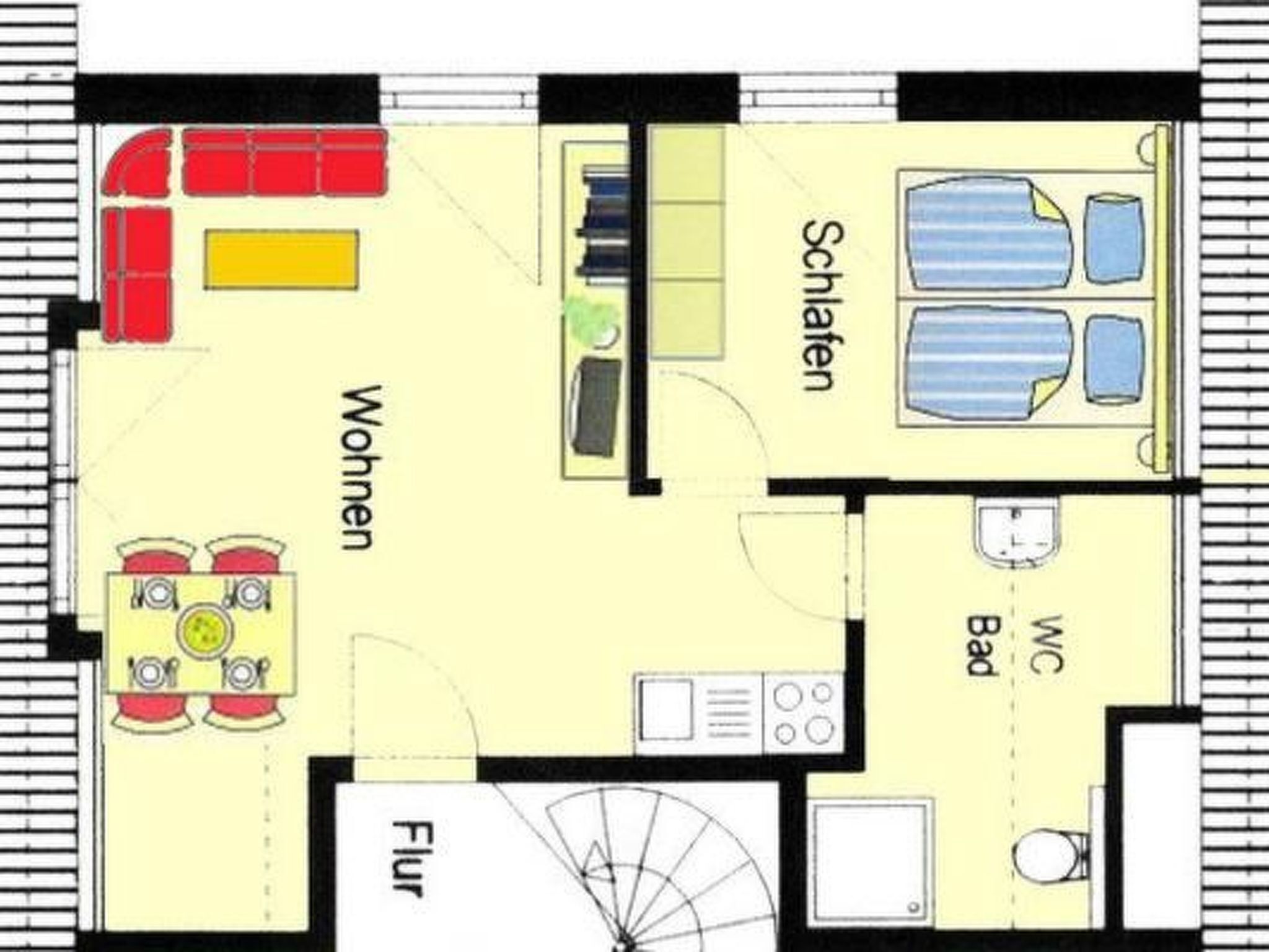 A hotel layout with a living room, dining area, bathroom, WC, and a bedroom.