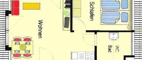 A hotel layout with a living room, dining area, bathroom, WC, and a bedroom.