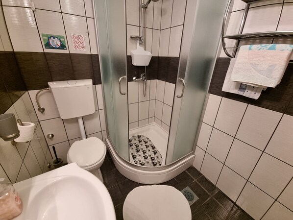 Un baño con ducha de vidrio, inodoro y lavamanos.