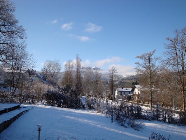 Un paysage enneigé avec des maisons et des arbres.