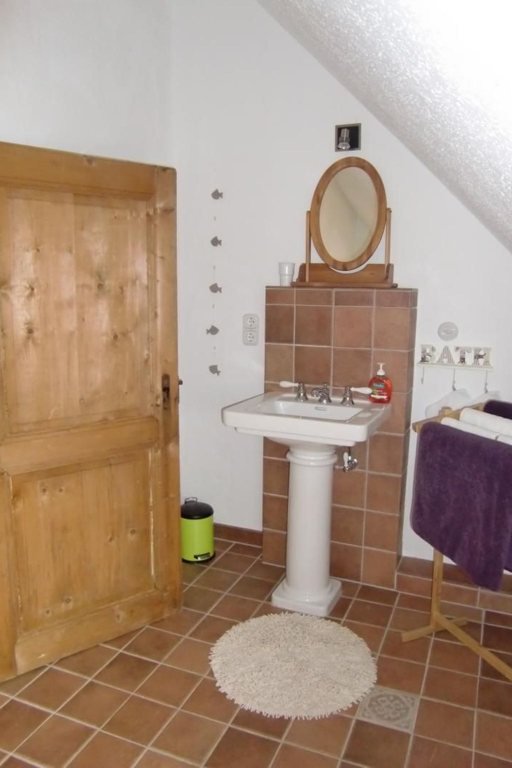 Ein Badezimmer mit Holztür, Waschbecken mit Spiegel und Handtuchhalter.