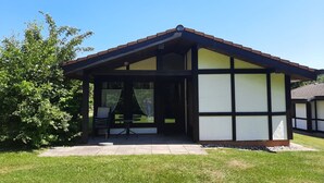 A traditional house with a covered patio, a lawn, and a tree.
