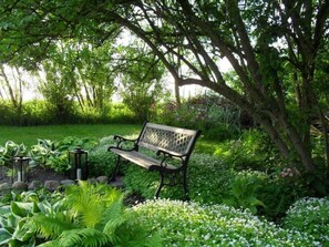 A bench in a lush garden with various plants and flowers. - Canadahof by Interhome (Pellworm (Ort))