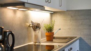 A modern kitchen with a built-in stove, a coffee maker, and a potted plant. - Gemütliche Ferienwohnung für die ganze Familie by Interhome (Ballenstedt)