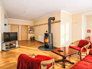 A living room with a wood-burning stove, a flat-screen TV, wicker furniture, and a fireplace. - Fewo 4 Schneider · Südstadt · Parkplatz · WLAN by Interhome (Görlitz)