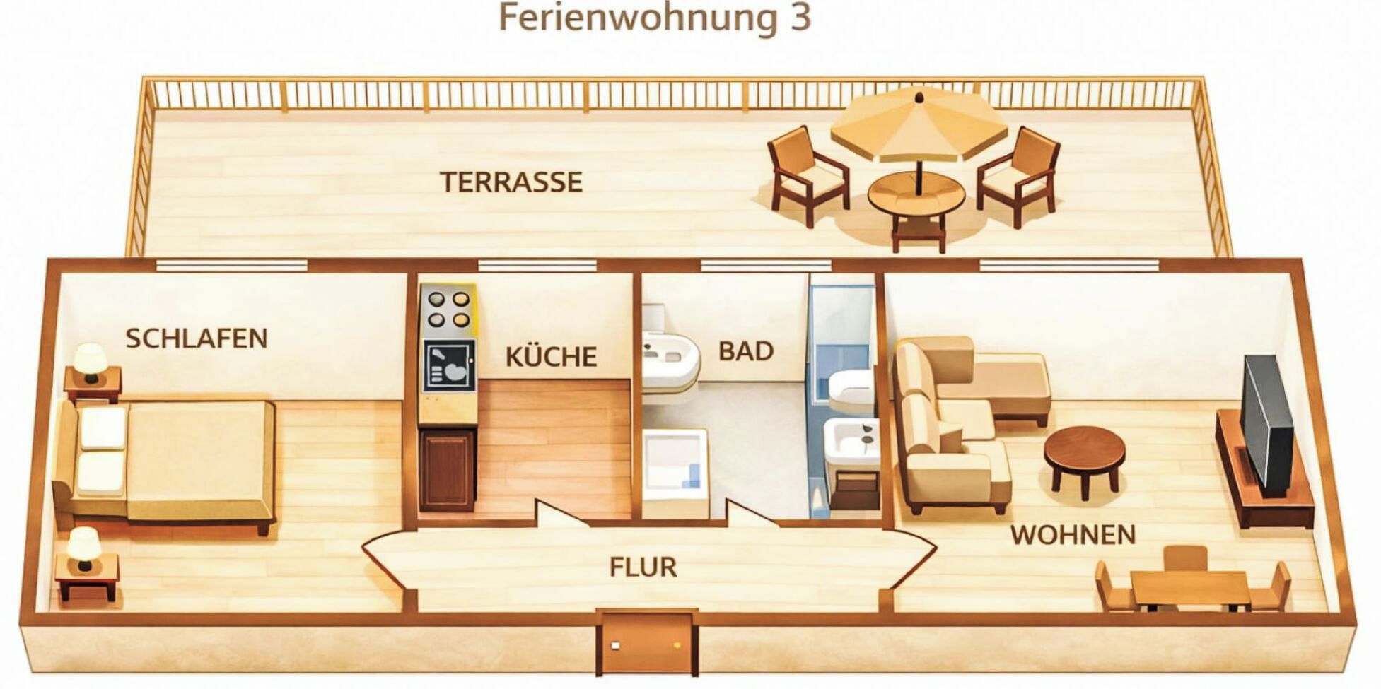 A hotel layout with a terrace, bedrooms, a kitchen, a bathroom, and a living area.